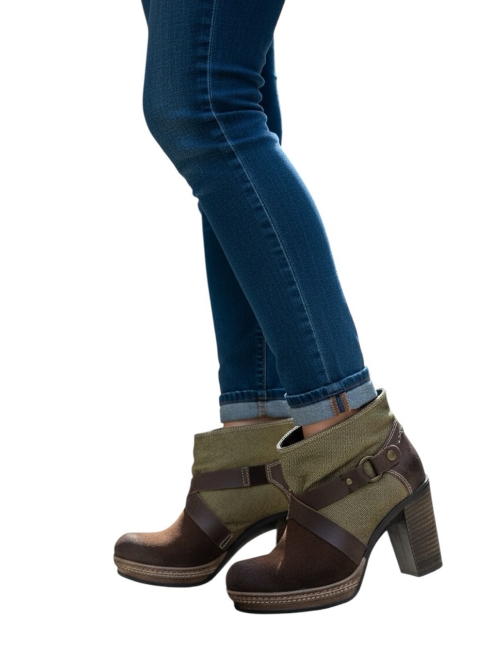 Diesel 3.5” Heeled Canvas Leather Harness Ankle Booties Green Brown size 38